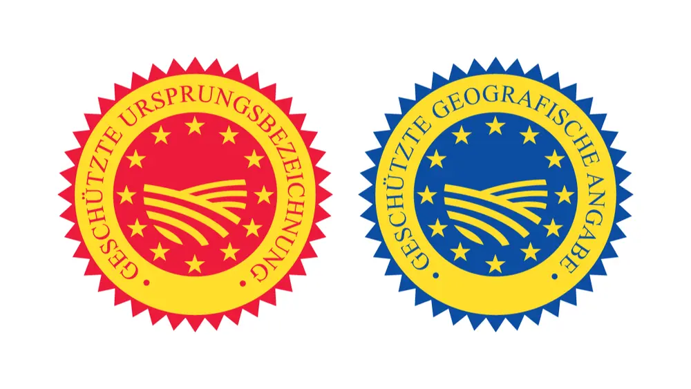 Die Logos für geschützte Ursprungsbezeichnung und geschützte geografische Angabe