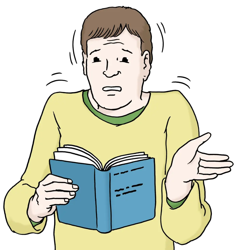 Mann schaut in Buch mit schwerer Sprache und versteht es nicht