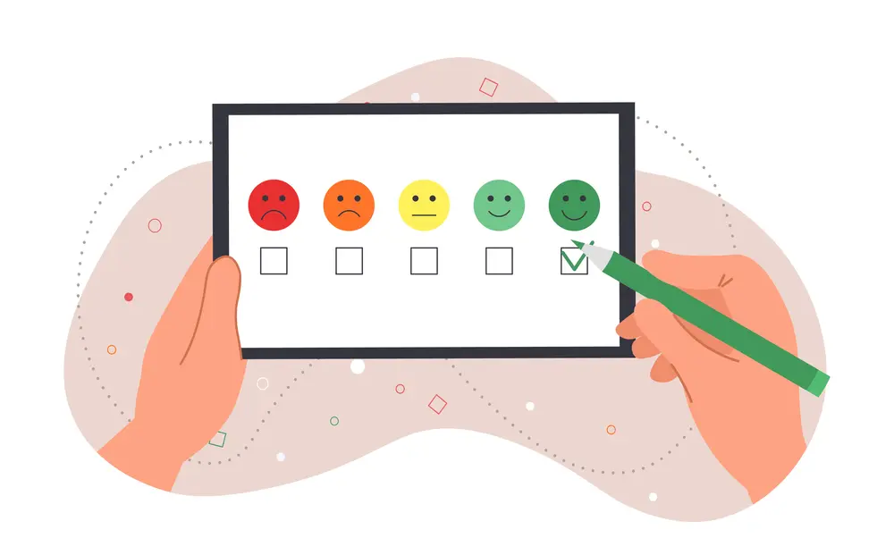 Positives Bewertungskonzept. Hand mit Bleistift zeigt Emotionen vom Produkt an. Verbraucherumfragen und Feedback-Sammlung. Moderne Technologien und Marketingmethoden. Cartoon flache Vektorillustration