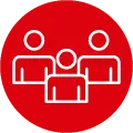 Roter Kreis mit der weißen Linienzeichnung von dreiköpfigen Personengruppe