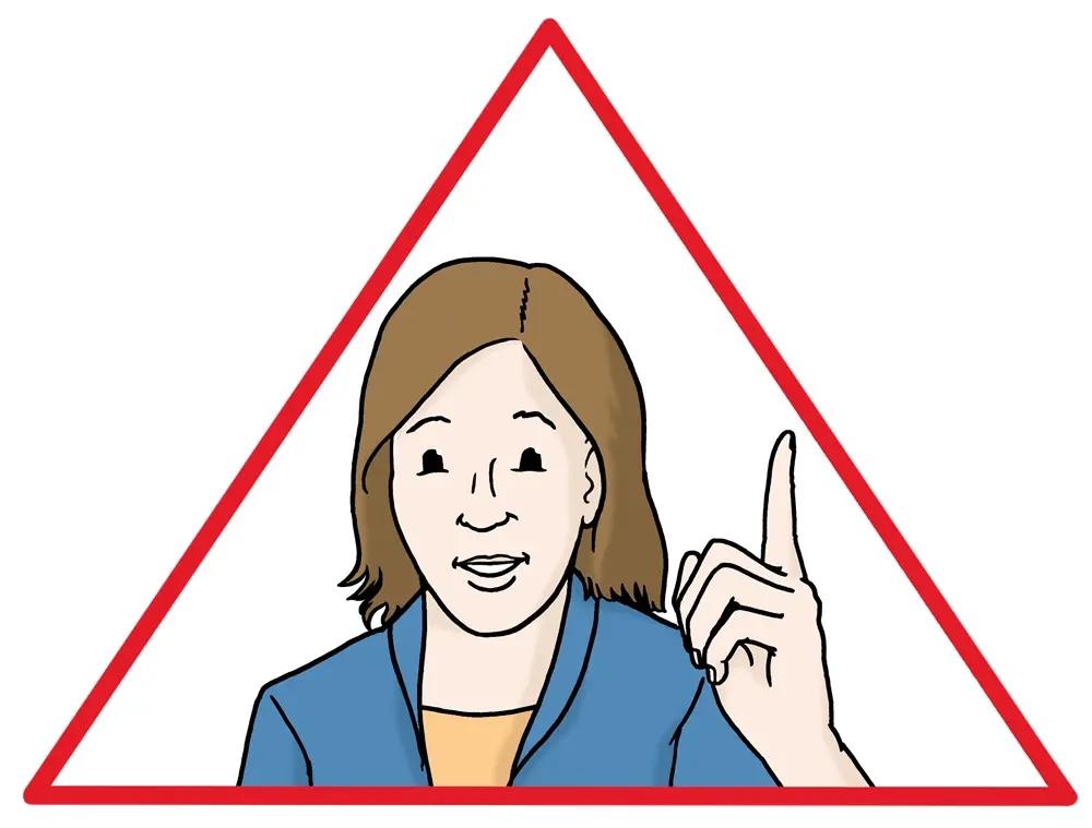 rotes Dreieck mit Frauenkopf, erhobener Zeigefinger: Achtung