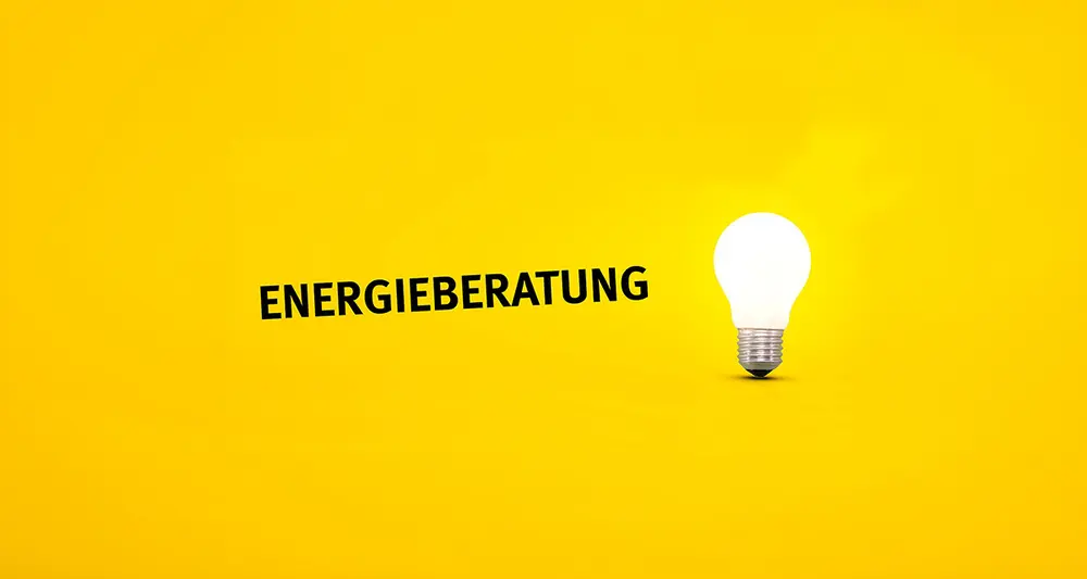 Schriftzug Energieberatung mit Glühlampe auf gelbem Hintergrund