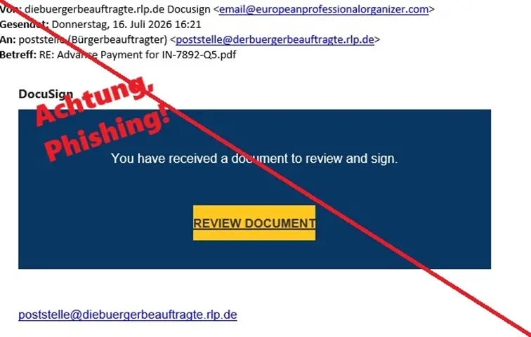 Phishing Mail Bürgerbeauftragte RLP mit Warnung