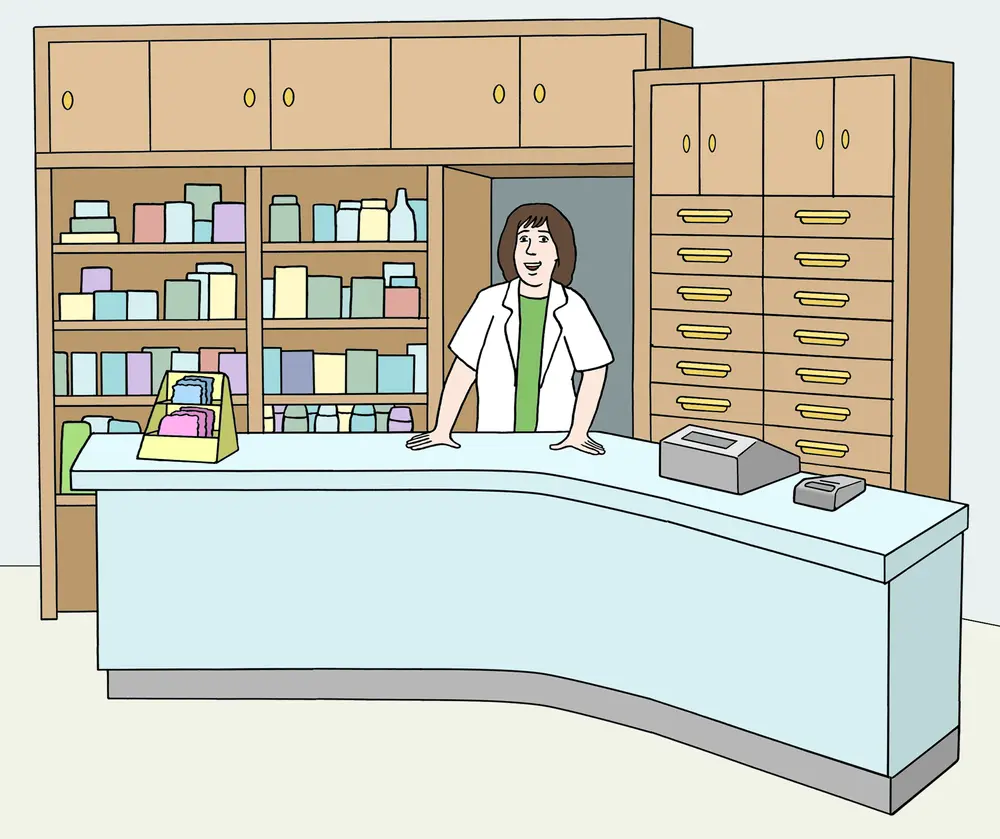 für leichte Sprache: Apotheke innen mit Apothekerin hinter dem Verkaufstresen