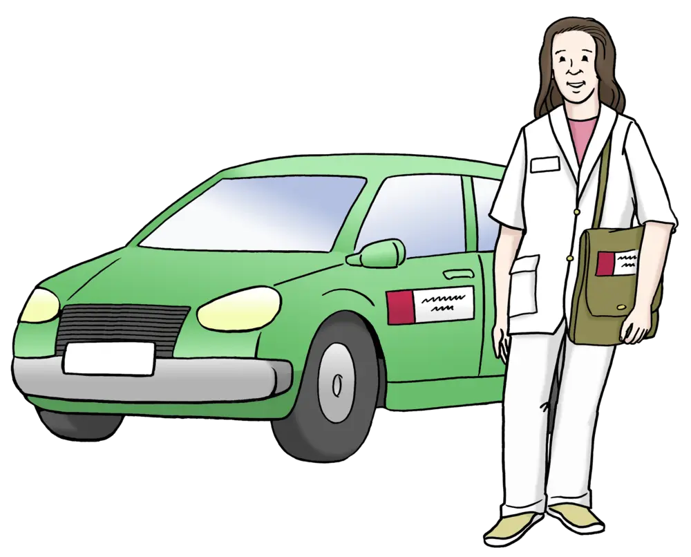 für leichte Sprache: grünes Auto mit Krankenpfleger daneben