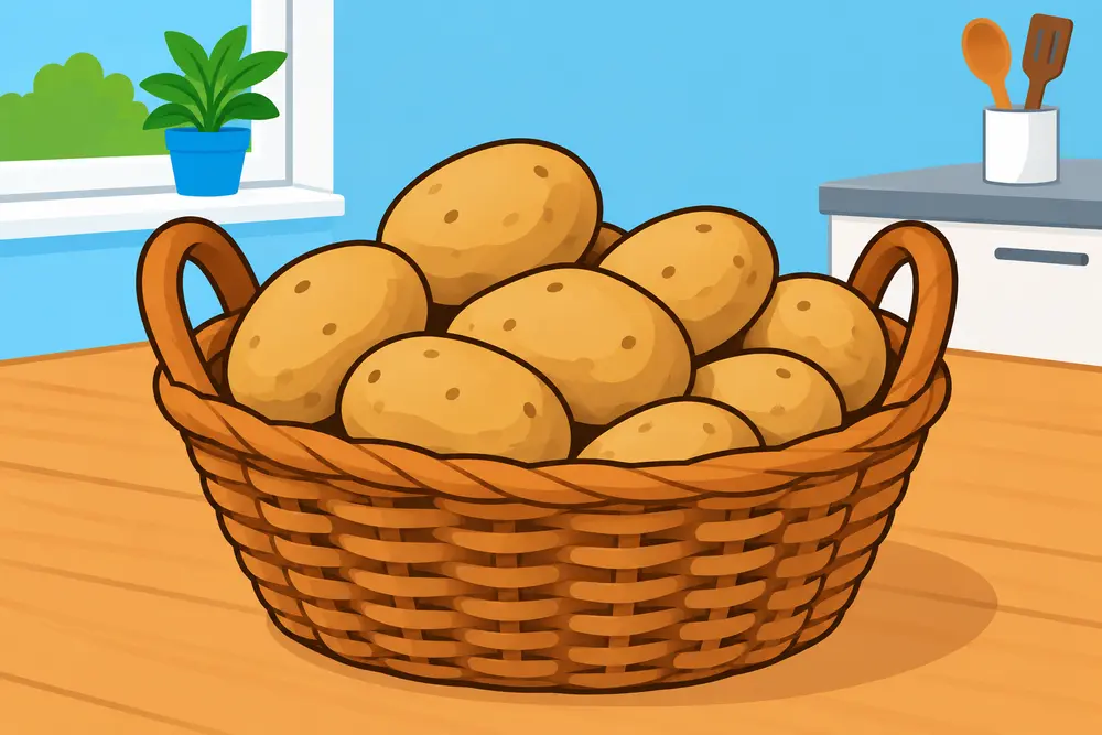 für leichte Sprache: Korb mit Kartoffeln auf dem Tisch