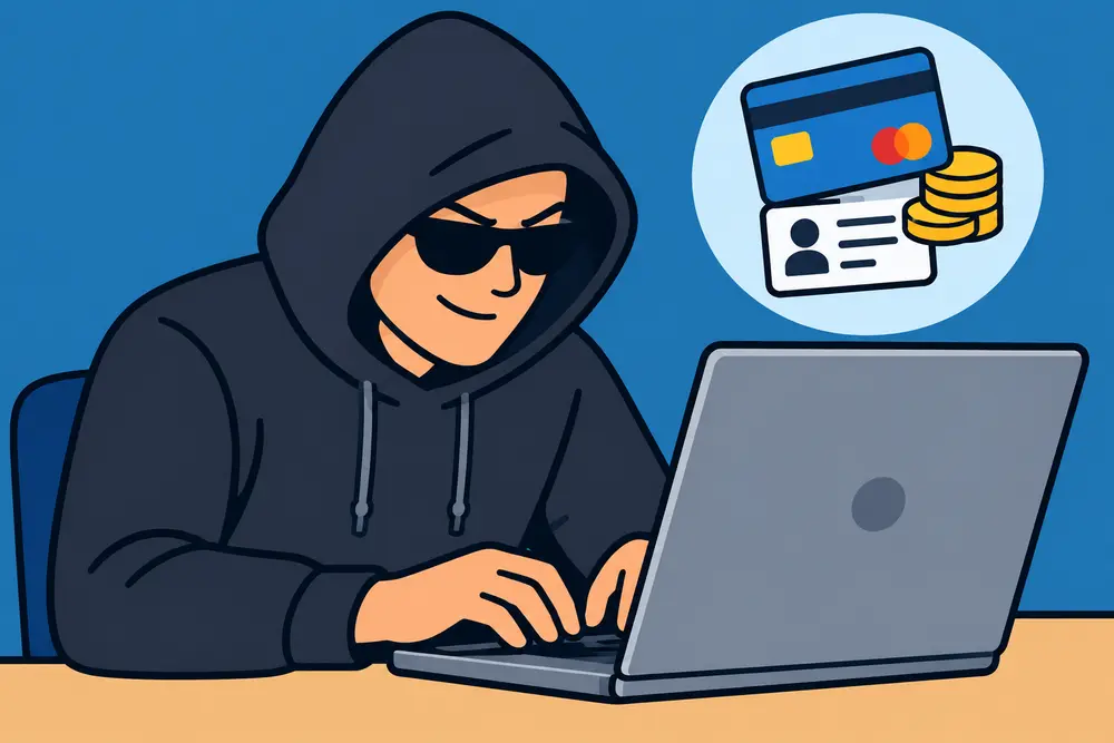 für leichte Sprache: Typ mit Hoody und Sonnenbrille am Laptop, eine Blase darüber mit Geld und Ausweis