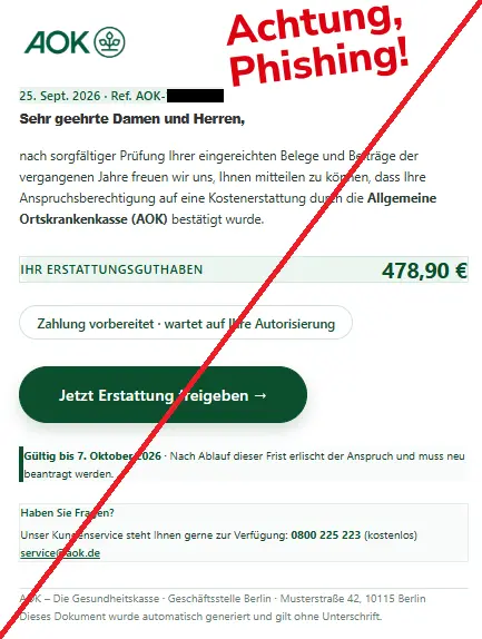 Screenshot einer Mail von der "AOK" und dem Text: "
25. Sept. 2026 · Ref. AOK‑XXXX/XXXX
Sehr geehrte Damen und Herren,
nach sorgfältiger Prüfung Ihrer eingereichten Belege und Beiträge der vergangenen Jahre freuen wir uns, Ihnen mitteilen zu können, dass Ihre Anspruchsberechtigung auf eine Kostenerstattung durch die Allgemeine Ortskrankenkasse (AOK) bestätigt wurde.

Ihr Erstattungsguthaben
478,90 €
Zahlung vorbereitet · wartet auf Ihre Autorisierung
Jetzt Erstattung freigeben →
Gültig bis 7. Oktober 2026 · Nach Ablauf dieser Frist erlischt der Anspruch und muss neu beantragt werden.
Haben Sie Fragen?
Unser Kundenservice steht Ihnen gerne zur Verfügung: 0800 225 223 (kostenlos)
service@aok.de
AOK – Die Gesundheitskasse · Geschäftsstelle Berlin · Musterstraße 42, 10115 Berlin
Dieses Dokument wurde automatisch generiert und gilt ohne Unterschrift.
 "