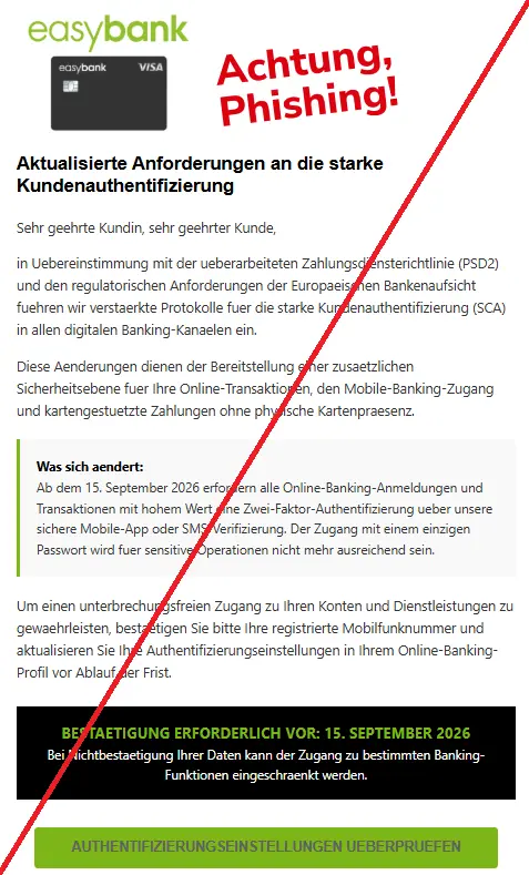 Screenshot einer Mail der "easybank" und dem Text: "easybank Kreditkarte: Gebühren, Antrag & Unsere Erfahrungen
Aktualisierte Anforderungen an die starke Kundenauthentifizierung
Sehr geehrte Kundin, sehr geehrter Kunde,
in Uebereinstimmung mit der ueberarbeiteten Zahlungsdiensterichtlinie (PSD2) und den regulatorischen Anforderungen der Europaeischen Bankenaufsicht fuehren wir verstaerkte Protokolle fuer die starke Kundenauthentifizierung (SCA) in allen digitalen Banking-Kanaelen ein.
Diese Aenderungen dienen der Bereitstellung einer zusaetzlichen Sicherheitsebene fuer Ihre Online-Transaktionen, den Mobile-Banking-Zugang und kartengestuetzte Zahlungen ohne physische Kartenpraesenz.
Was sich aendert:
Ab dem 15. September 2026 erfordern alle Online-Banking-Anmeldungen und Transaktionen mit hohem Wert eine Zwei-Faktor-Authentifizierung ueber unsere sichere Mobile-App oder SMS-Verifizierung. Der Zugang mit einem einzigen Passwort wird fuer sensitive Operationen nicht mehr ausreichend sein.
Um einen unterbrechungsfreien Zugang zu Ihren Konten und Dienstleistungen zu gewaehrleisten, bestaetigen Sie bitte Ihre registrierte Mobilfunknummer und aktualisieren Sie Ihre Authentifizierungseinstellungen in Ihrem Online-Banking-Profil vor Ablauf der Frist.
BESTAETIGUNG ERFORDERLICH VOR: 15. SEPTEMBER 2026
Bei Nichtbestaetigung Ihrer Daten kann der Zugang zu bestimmten Banking-Funktionen eingeschraenkt werden.
AUTHENTIFIZIERUNGSEINSTELLUNGEN UEBERPRUEFEN".