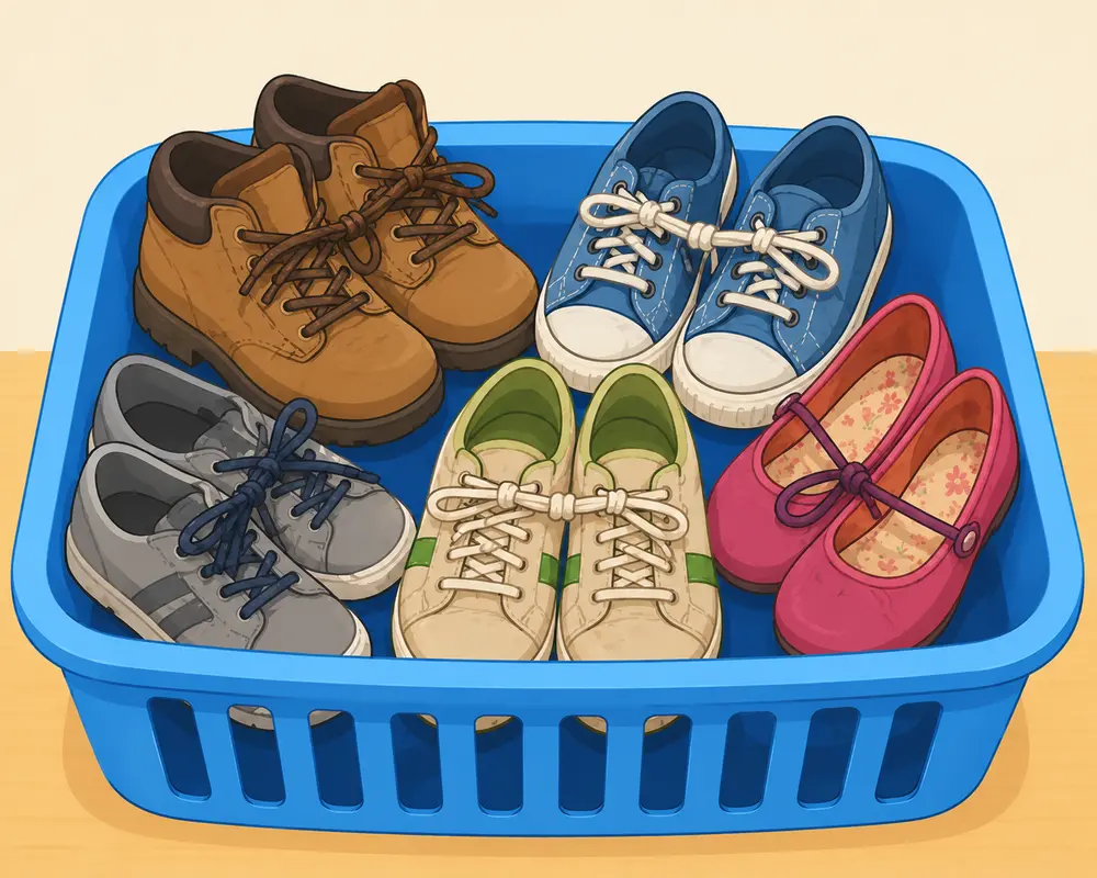 für leichte Sprache: Wäschekorb mit alten Schuhen