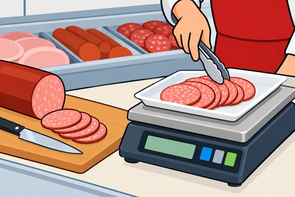 für leichte Sprache: Wurstscheiben auf einer Waage, im Hintergrund verschiedene Wurst