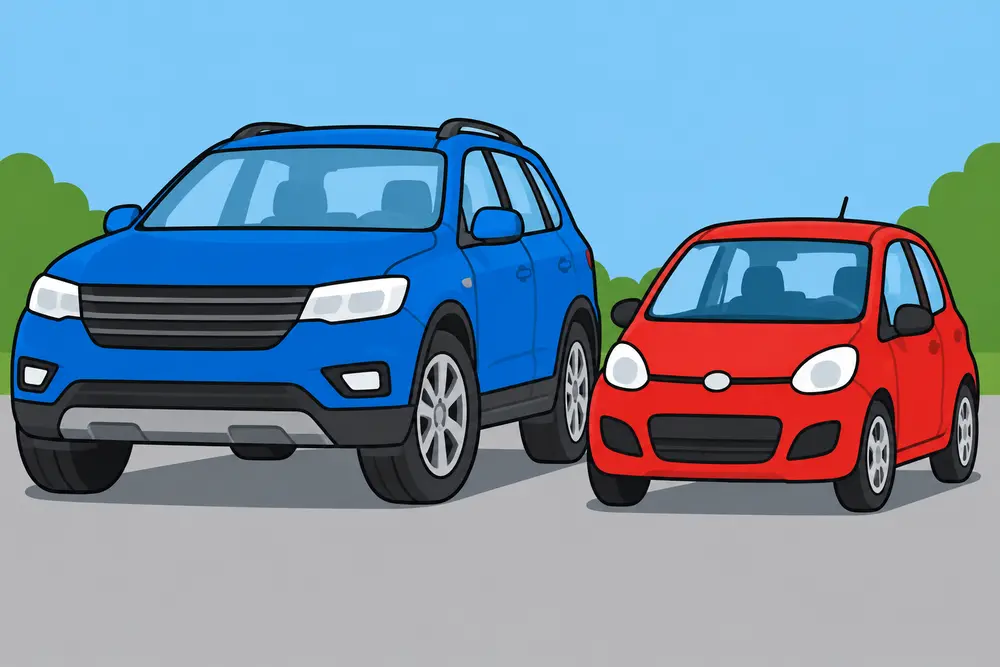 für leichte Sprache: großes blaues Auto neben rotem kleinem Auto
