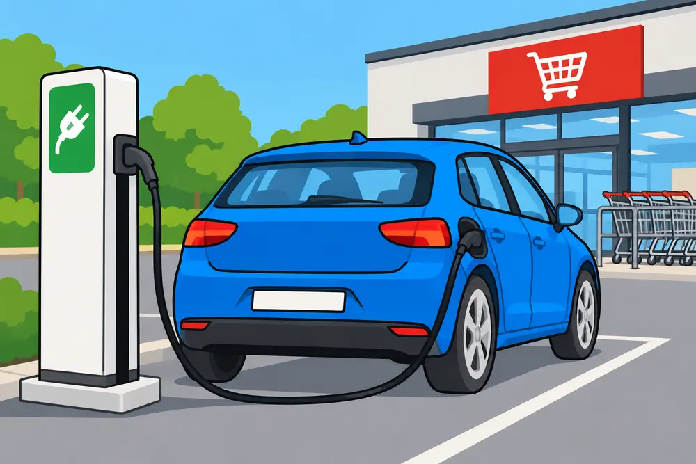 für leichte Sprache: e-Auto lädt am Supermarkt