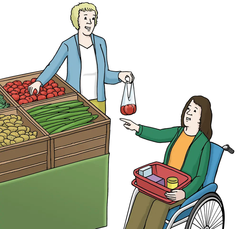 für leichte Sprache: Frau im Rollstuhl am Gemüsestand