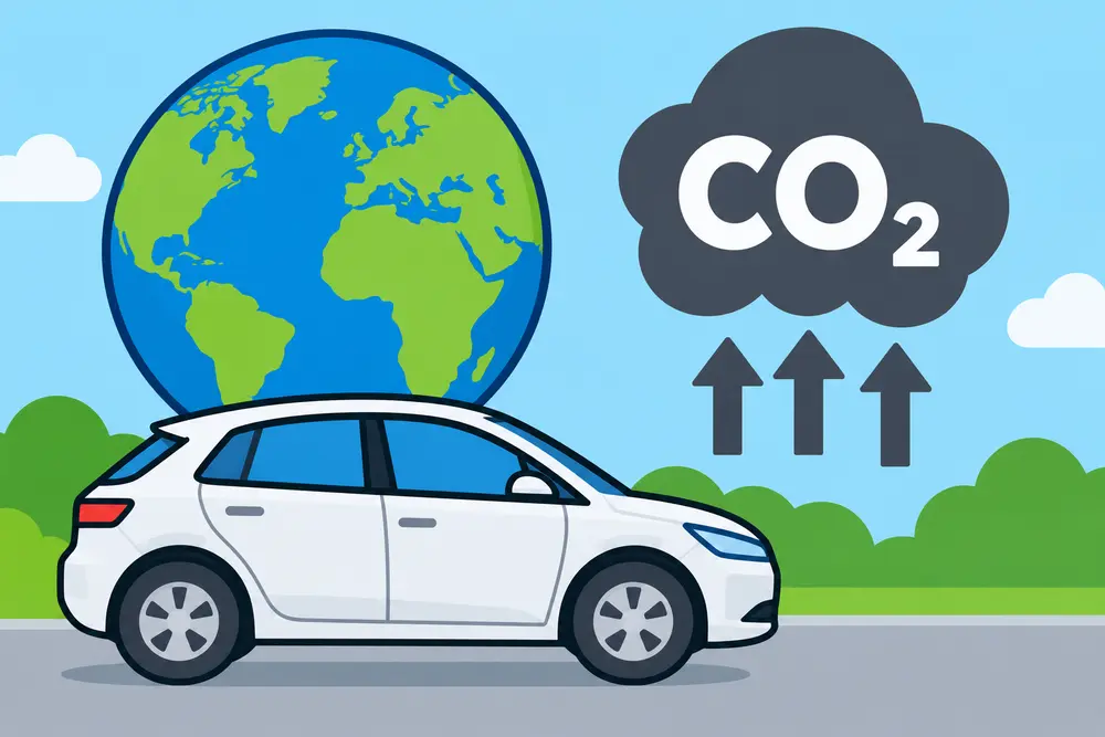 für leichte Sprache: Auto vor der Weltkugel mit CO2 Zeichen daneben