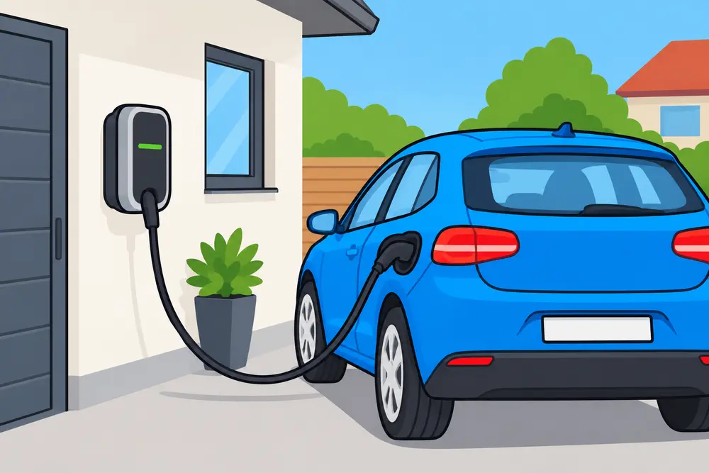 für leichte Sprache: Wallbox am Haus mit Auto
