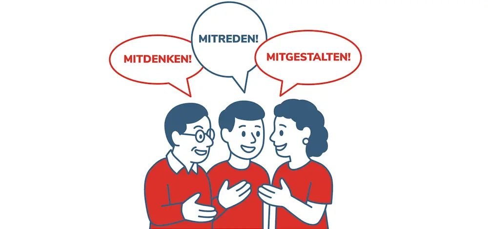 Grafik drei Personen mit roten T-Shirts, Sprechblasen Mitdenken, Mitreden, Mitgestalten