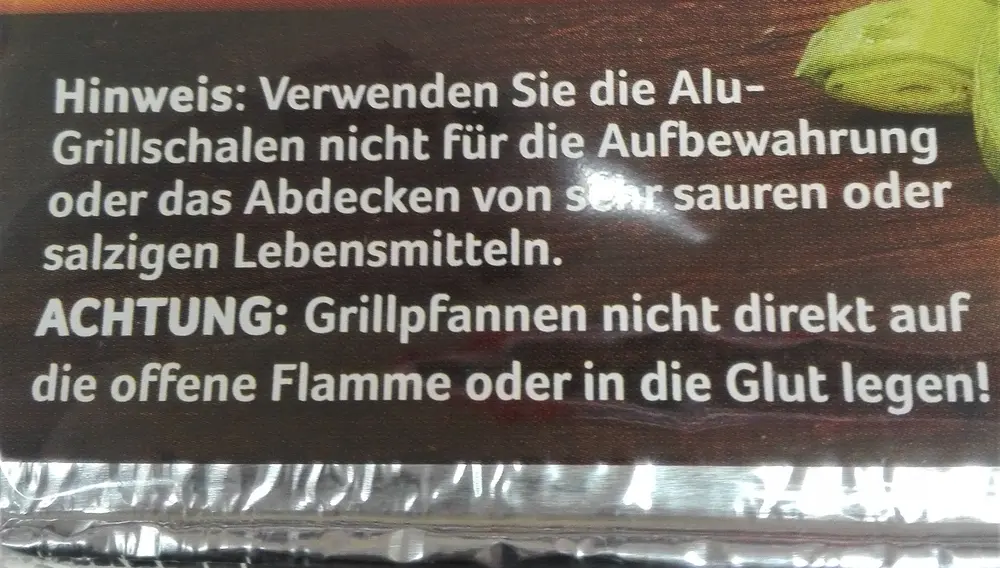 Grillschale Aluminium Hinweis