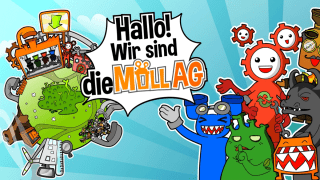 Comicfiguren neben Illustration einer Weltkugel mit der Sprechblase "Hallo! Wir sind die Müll AG"